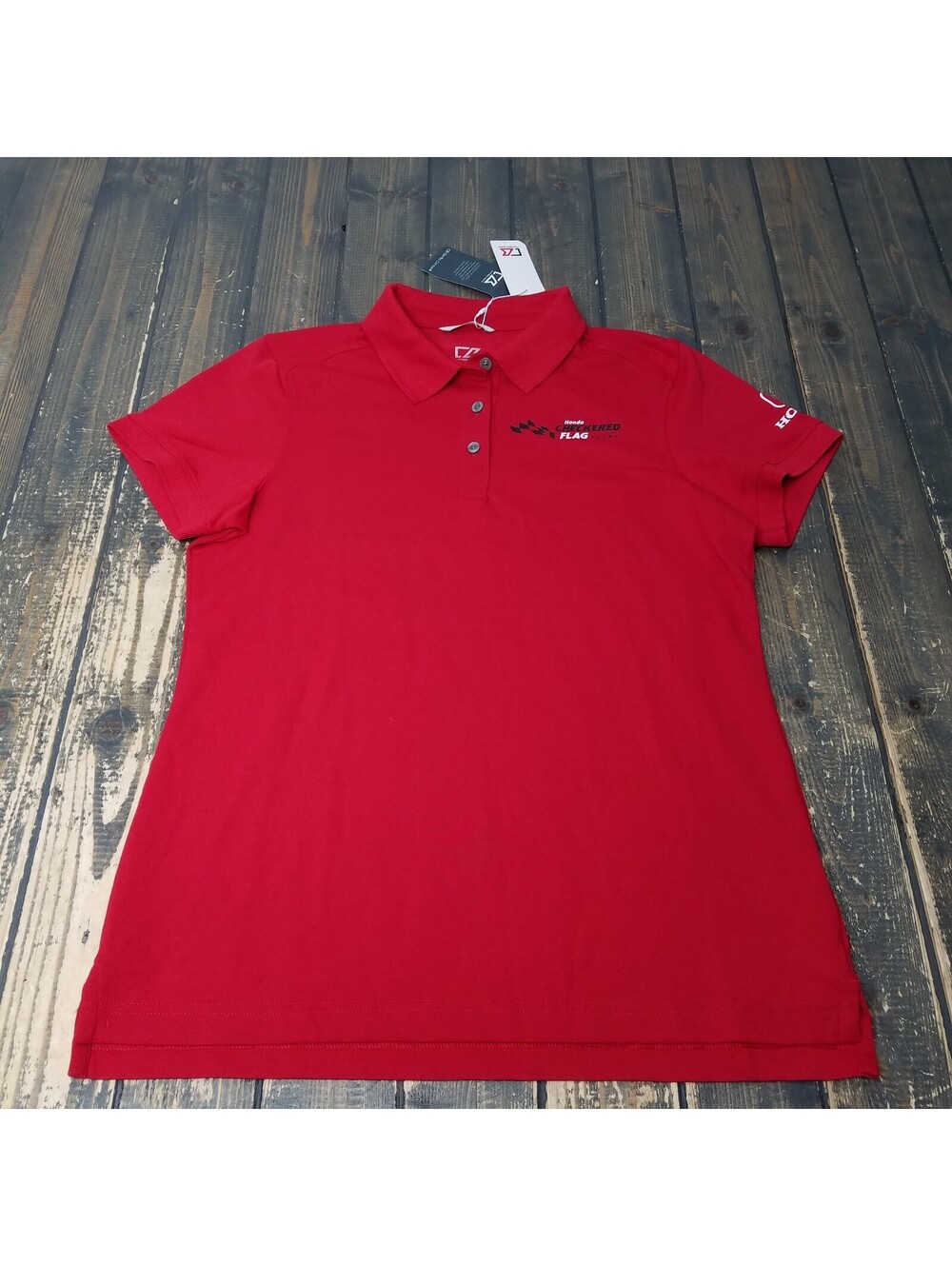 Honda Racing Women Polo Shirt Size L Large RED Checkered Flag Event